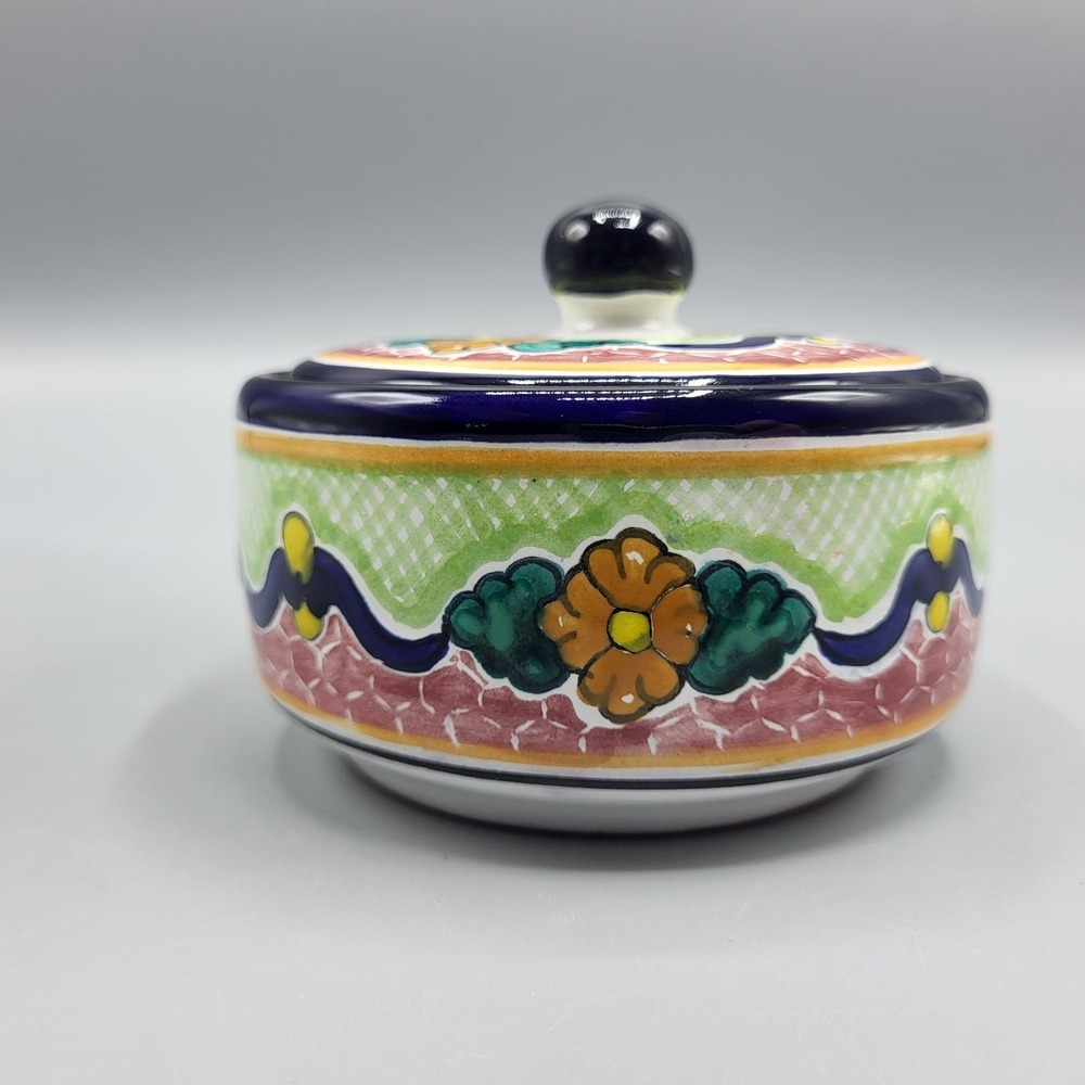 Hernandez Sugar Bowl Lidded Jar Puebla Mexico Hand Painted Floral Pottery Multi